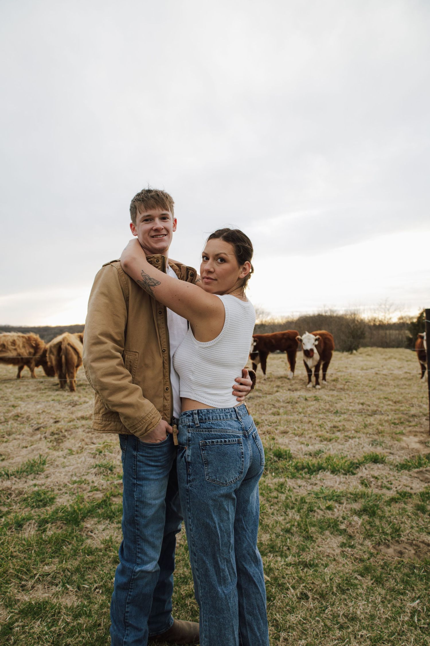 Young couple embracing in field with Highland cattle grazing in background at dusk.