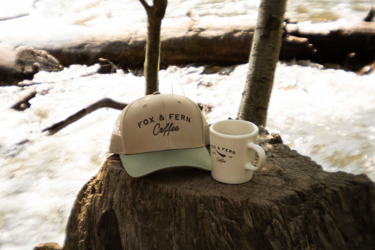 a hat and mug from a Bend, Oregon coffee shop sit on a stump beside the Deschutes River