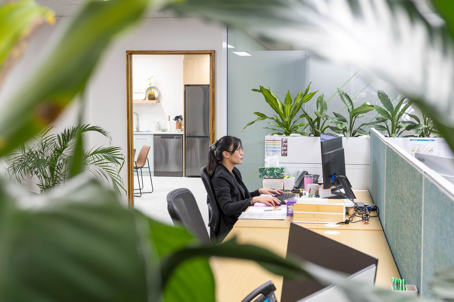 Office interior with glass partitions and plants visible in foreground.