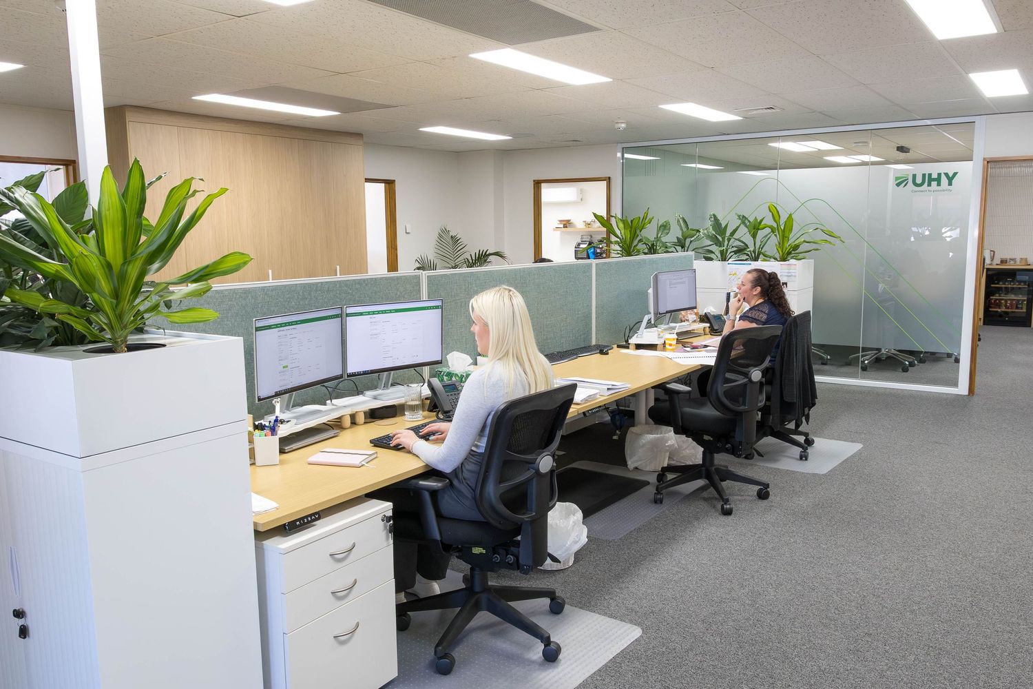 Contemporary office space with workstations and indoor plants.