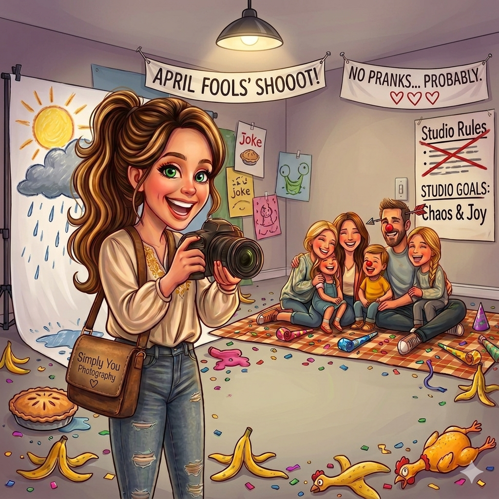 Illustrated April Fools photo shoot with smiling photographer and family in colorful studio.