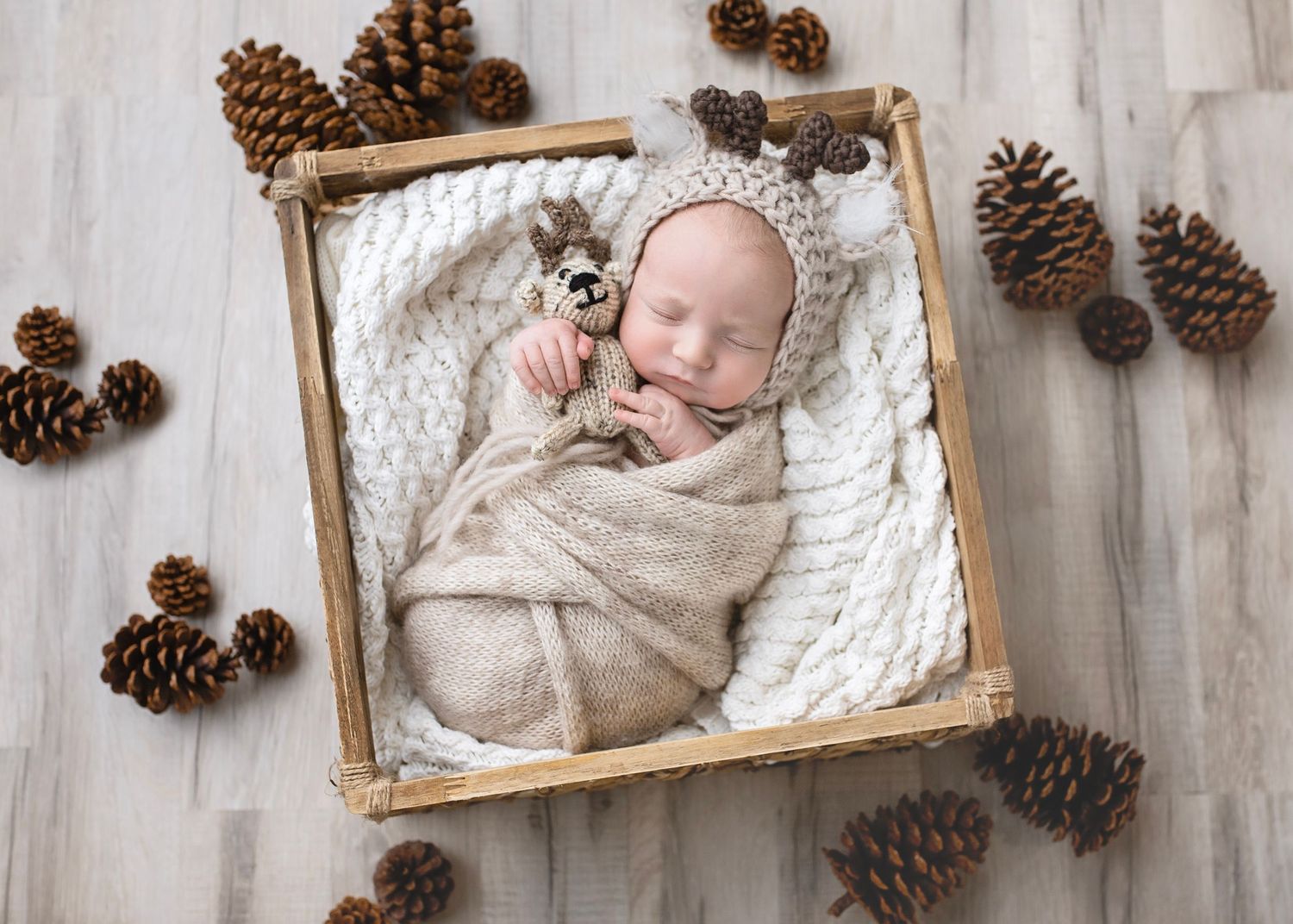 Sleeping newborn in beige deer bonnet and wrap in wooden crate surrounded by pine cones.