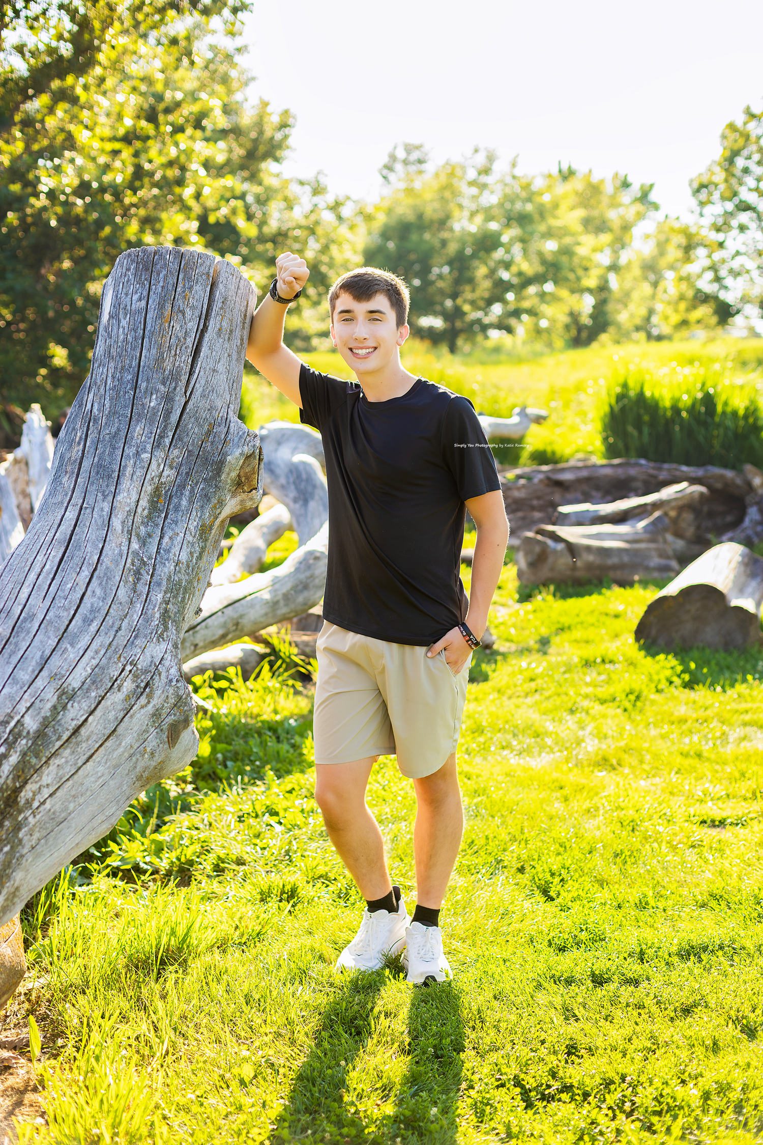 Smiling teen boy in black shirt and khaki shorts posing by weathered tree stump in sunny green park.