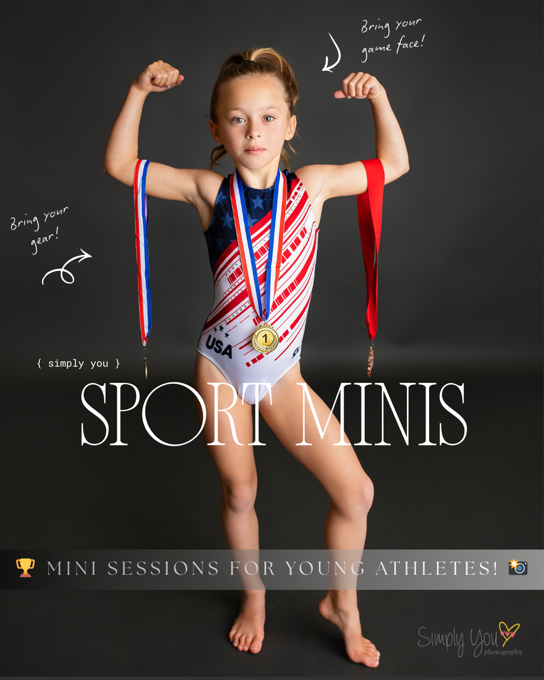 Young gymnast in USA leotard flexes with gold medal at Simply You Sport Minis photography session.