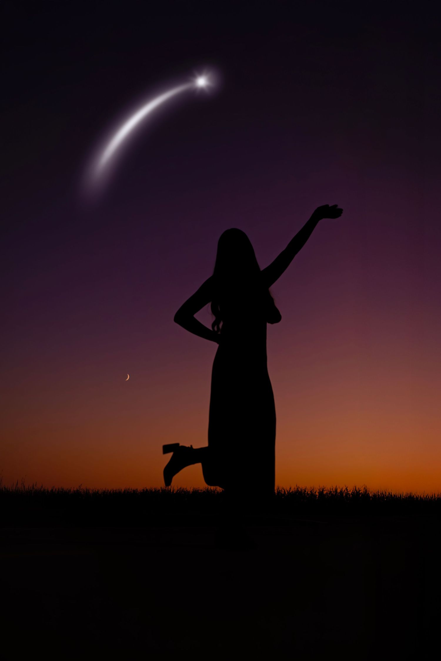 Silhouette of a woman reaching toward a shooting star against a vibrant purple and orange twilight sky.