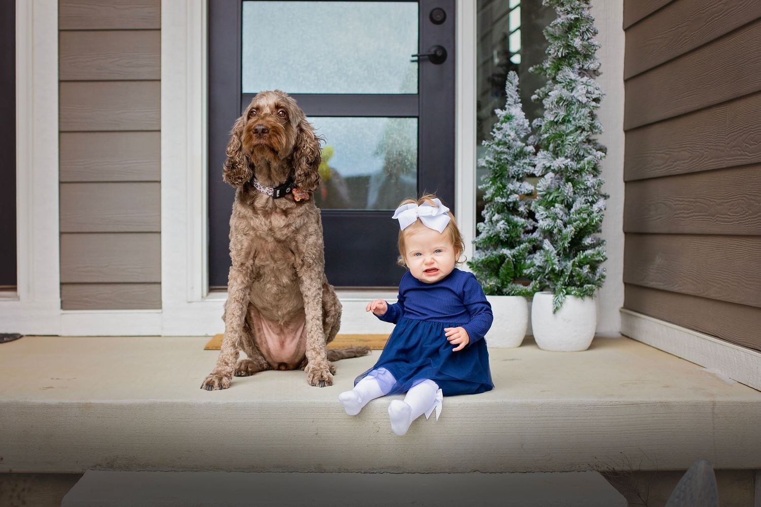Cute baby girl in navy dress sitting beside a large brown dog on a front porch.