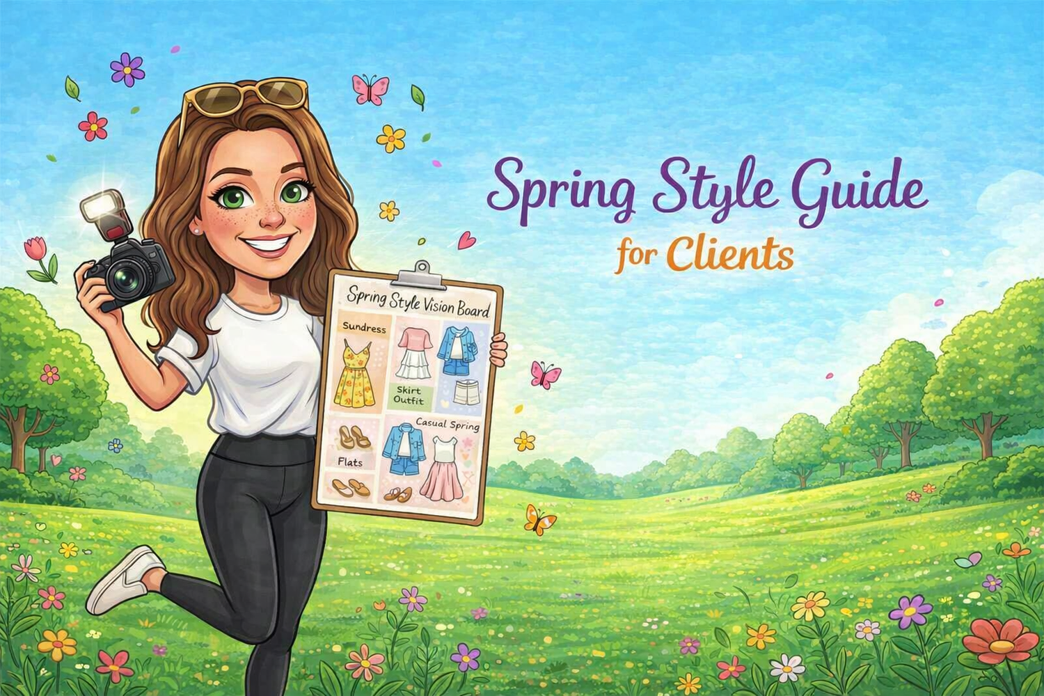 Cartoon female photographer holding a spring style guide vision board in a colorful flower-filled meadow.