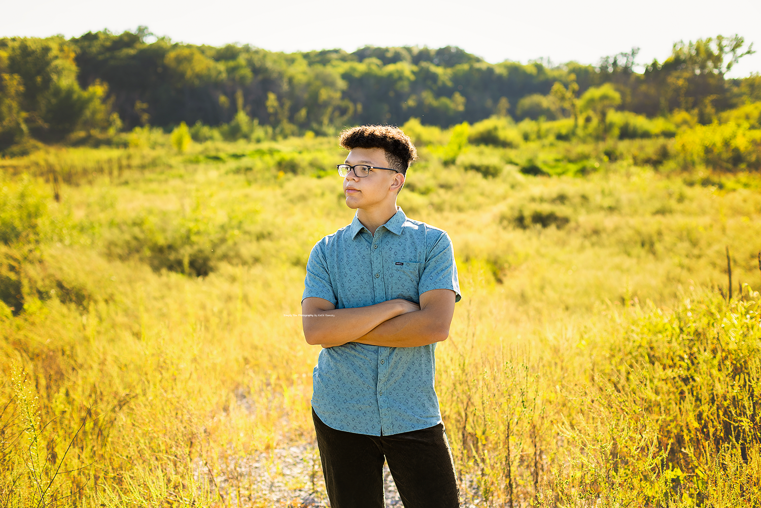 Young man in blue shirt with arms crossed standing in sunny golden field with green trees in background.