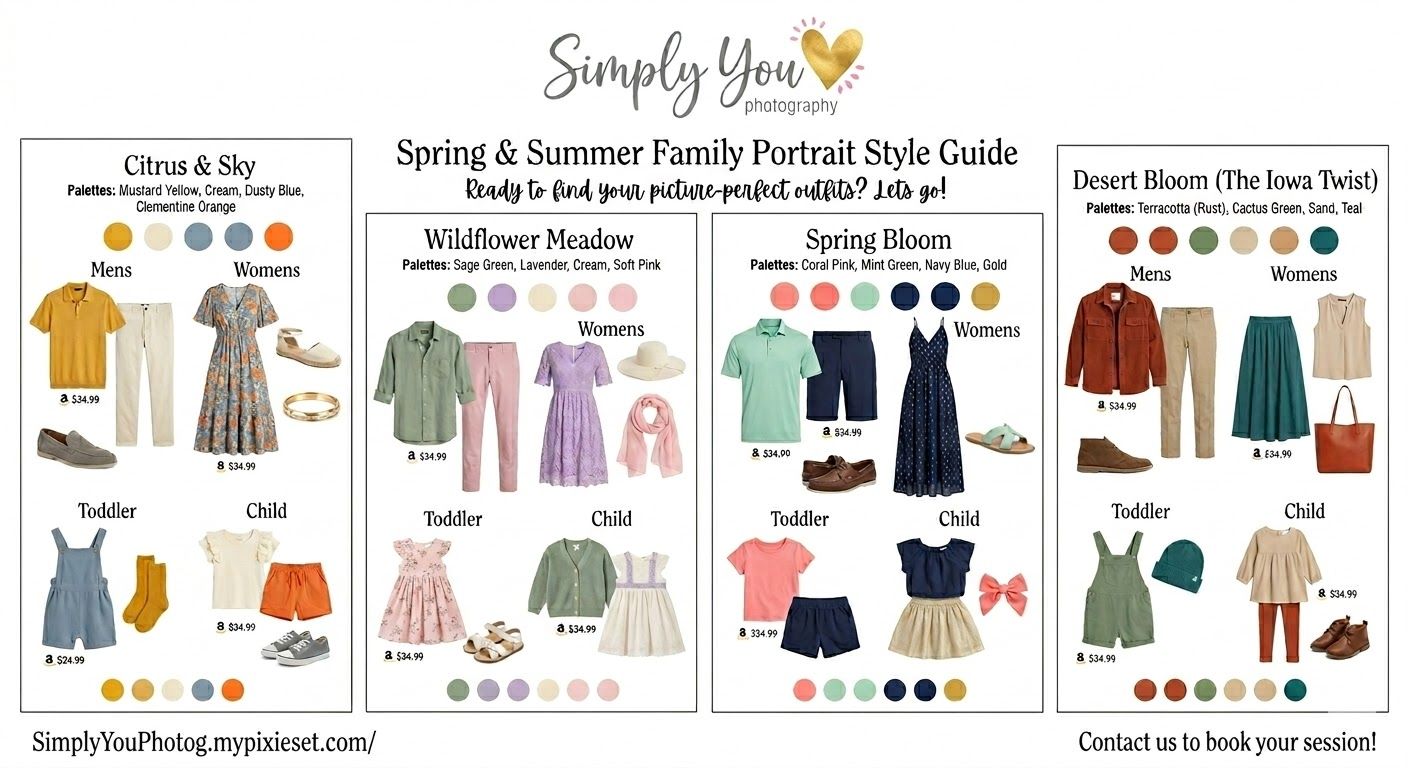 Spring and summer family portrait style guide with coordinated outfit palettes for all ages.