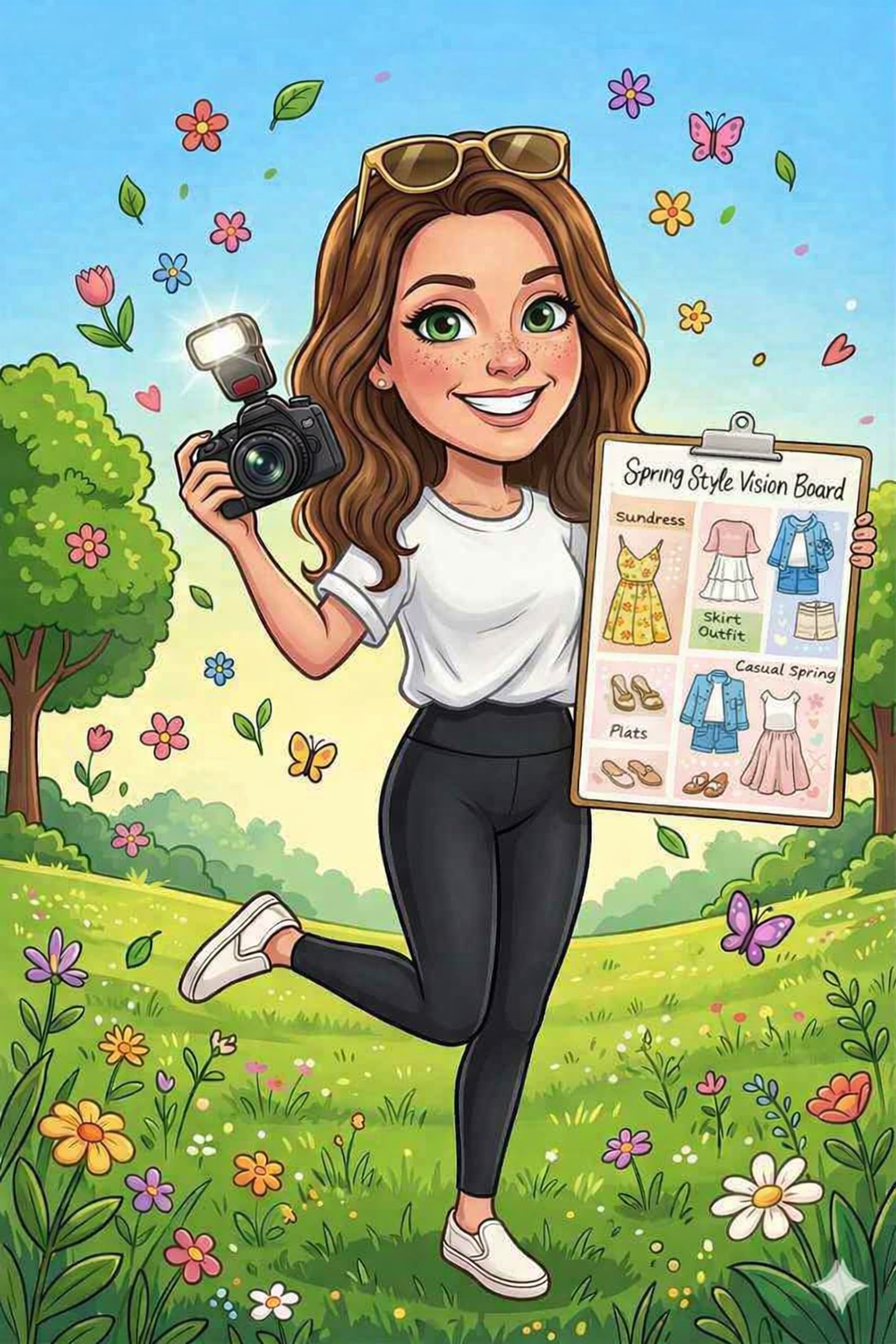Animated female photographer holding camera and spring style vision board in a vibrant outdoor setting.