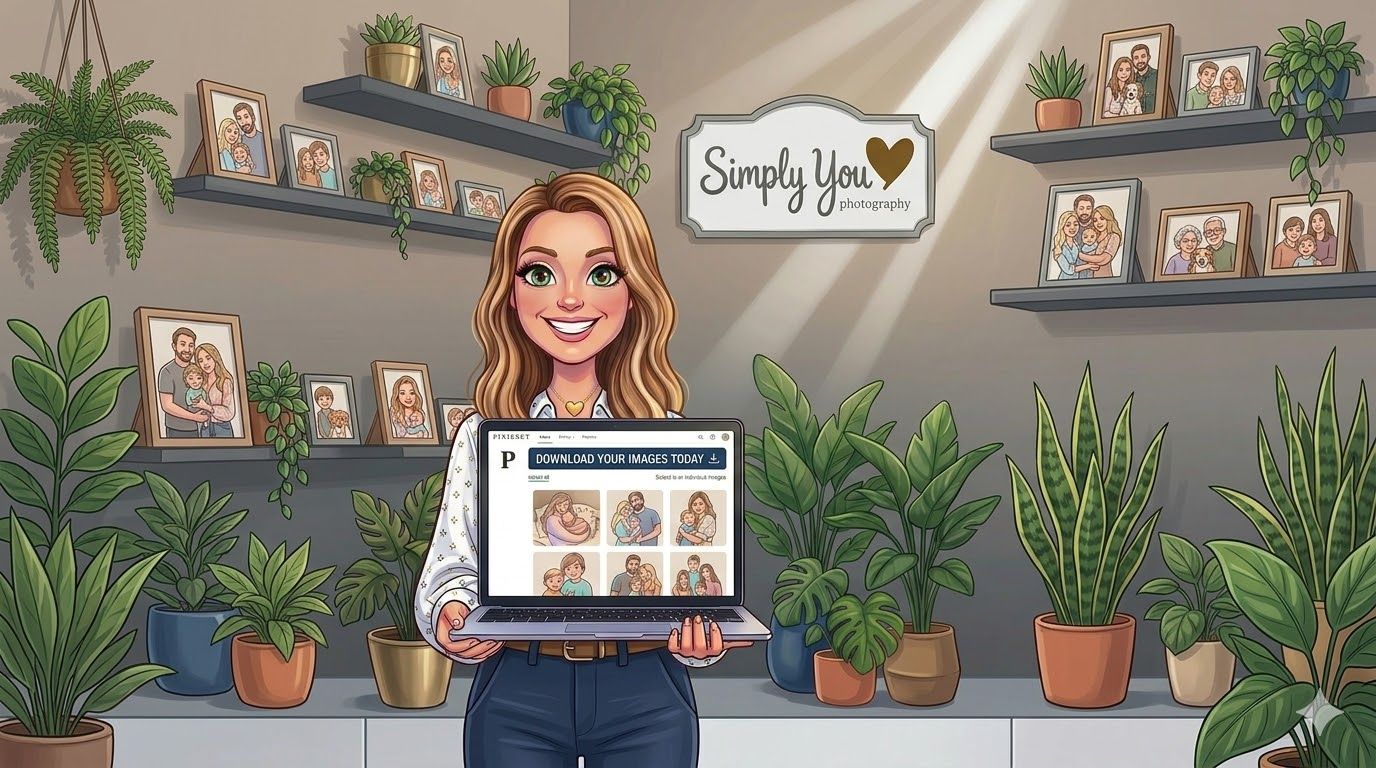 Illustrated woman holds photo gallery laptop in Simply You Photography studio surrounded by green plants.