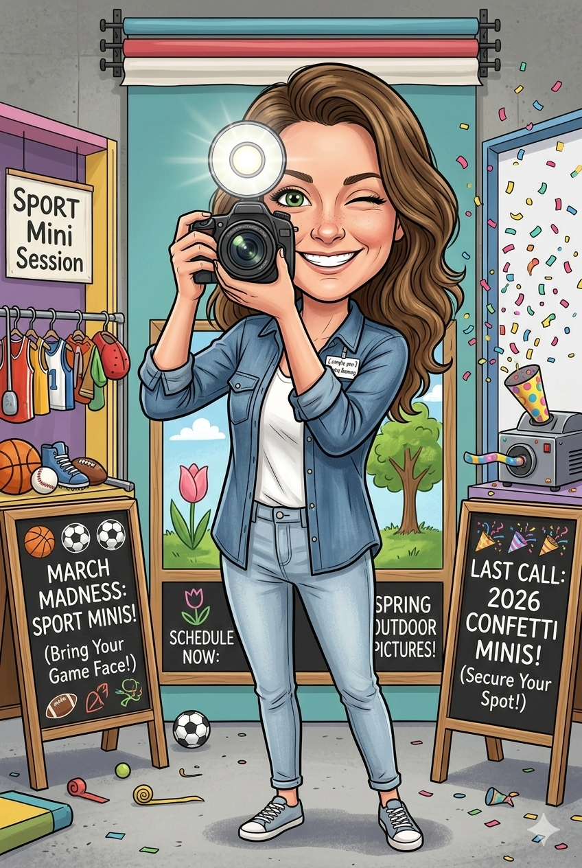 Cartoon female photographer winking and holding camera in a photography studio with mini session signs.