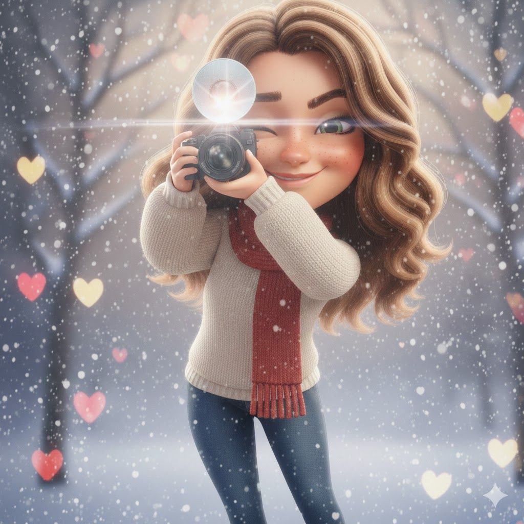3D animated brunette girl with camera in magical snowy scene with colorful hearts.