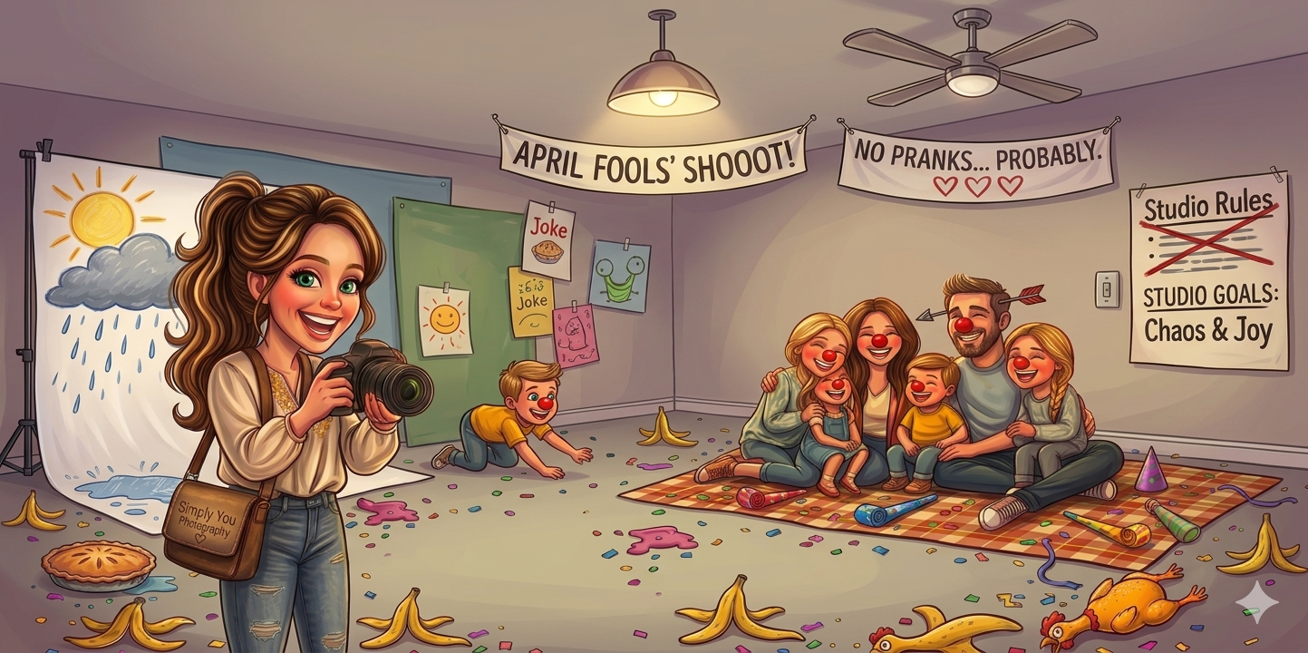 Illustrated April Fools photo shoot scene with photographer and chaotic family studio setting.