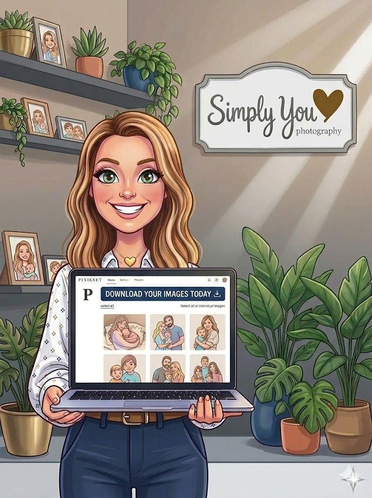 Cartoon illustration of a smiling woman holding a laptop displaying photos, standing in a photography studio with plants.