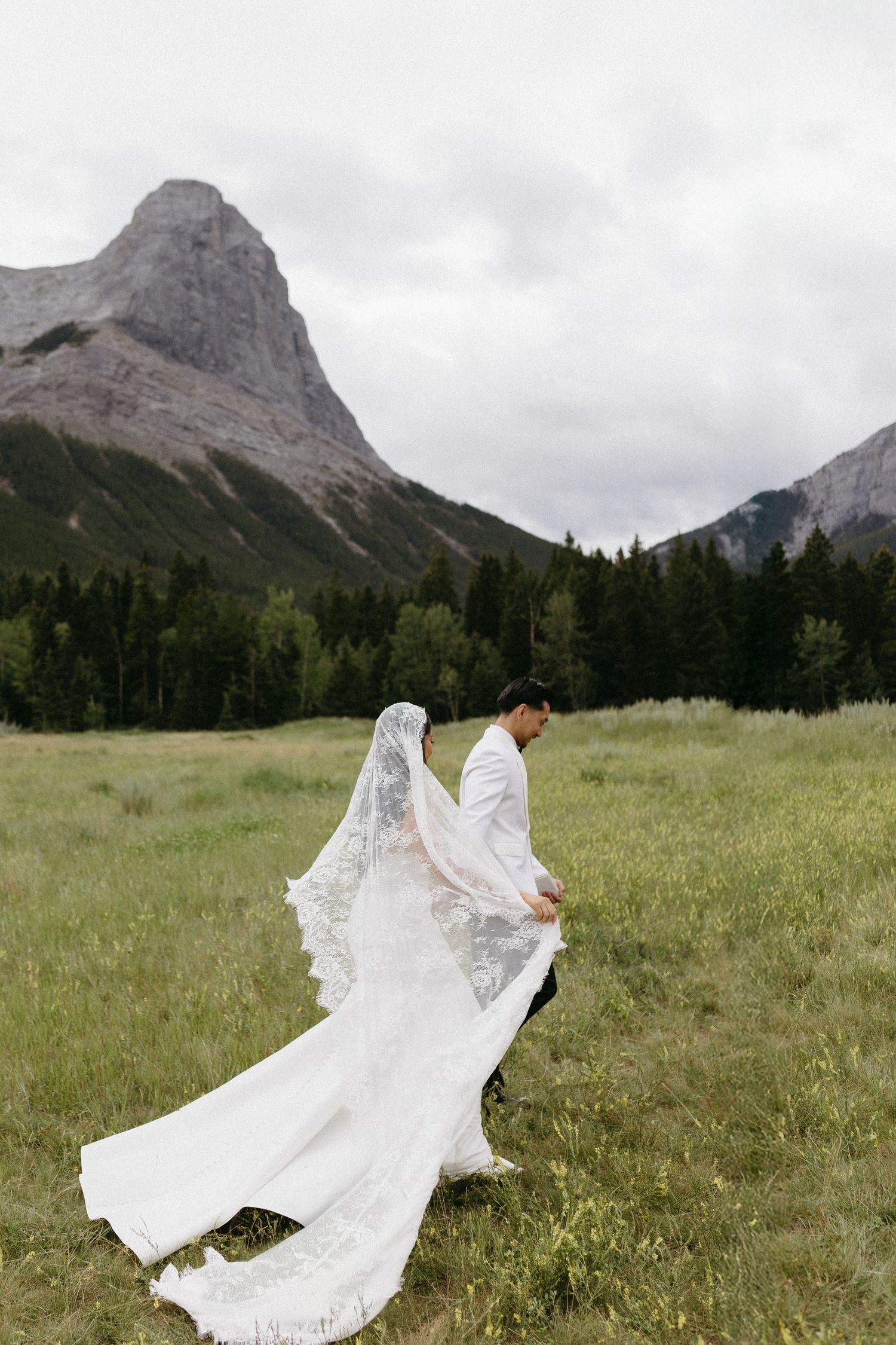 Wedding couple posing in mountain meadow with dramatic peaks and flowing veil.