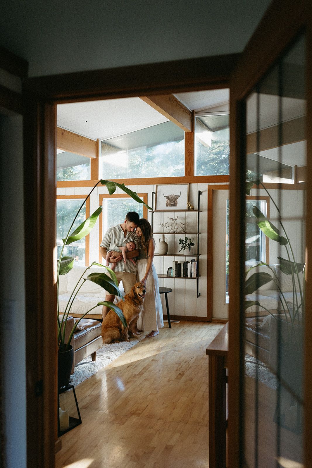 Minimalist hallway with wooden floors, white walls, and natural light streaming through windows.