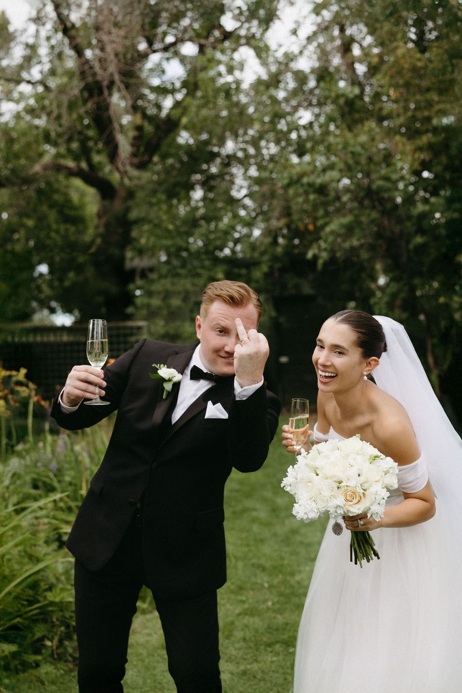 Candid wedding photo sequence showing playful champagne toasting moments in an outdoor garden setting.