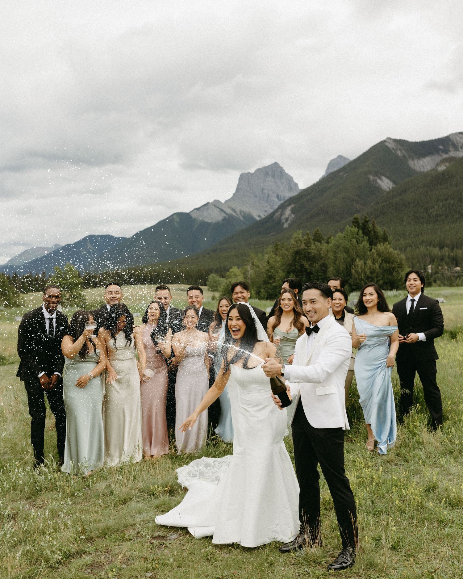 Wedding party poses in a grassy field with majestic mountain peaks creating a stunning backdrop in Banff National Park.