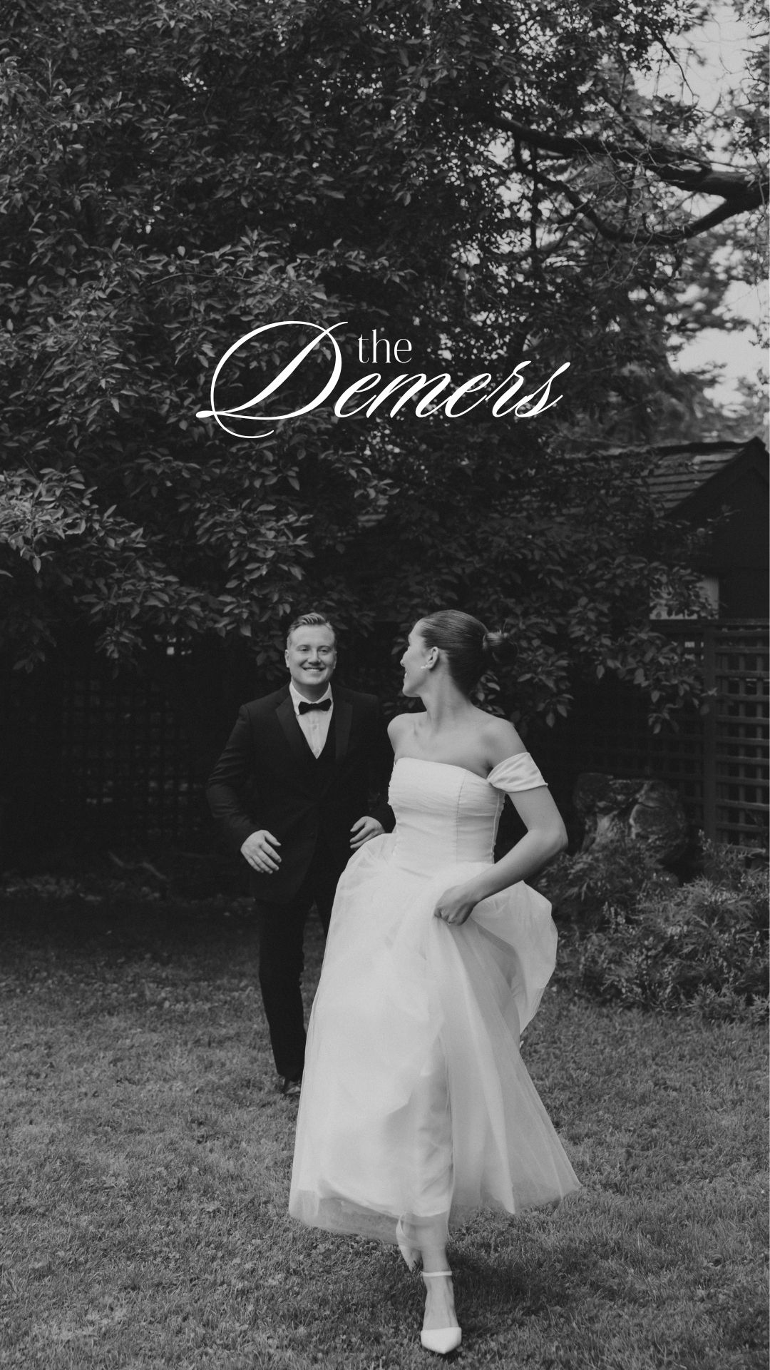 A black and white wedding photo sequence shows a couple dancing playfully in an outdoor garden setting.