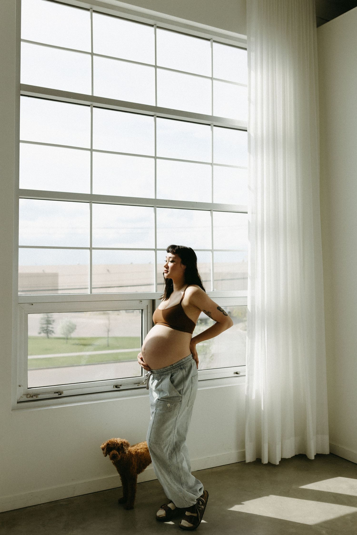 Maternity silhouette against bright window with flowing curtains.