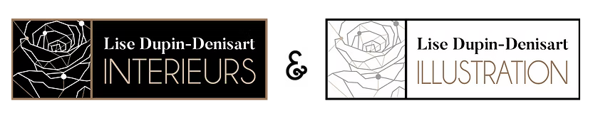 Logos de la marque Lise Dupin-Denisart Intérieurs et Illustration, présentant d'élégants motifs floraux sur fond noir et blanc.