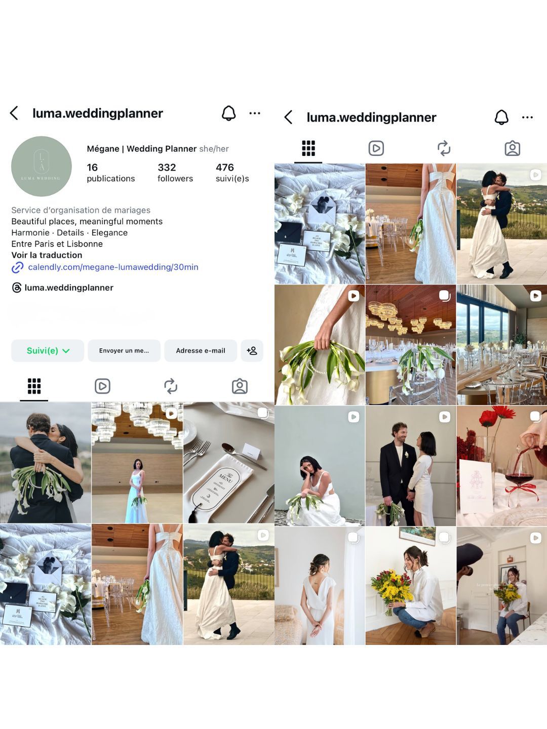 Instagram profile of luma.weddingplanner showing wedding photos, 332 followers, 476 following, and 16 posts.