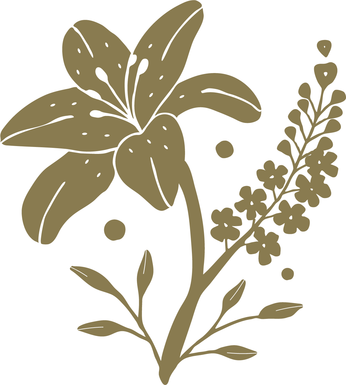 Elegant botanical illustration featuring a lily flower and wildflowers in olive green, perfect for nature-themed designs.