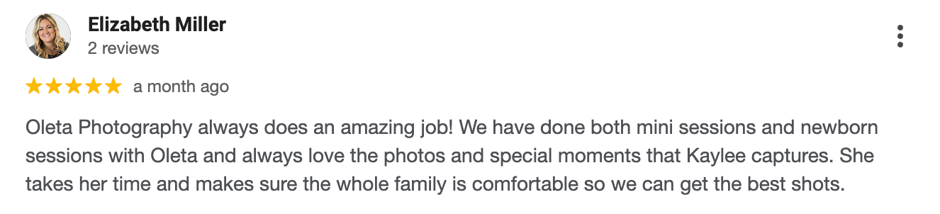 Five star review praising photographer's ability to make families comfortable during photo sessions.