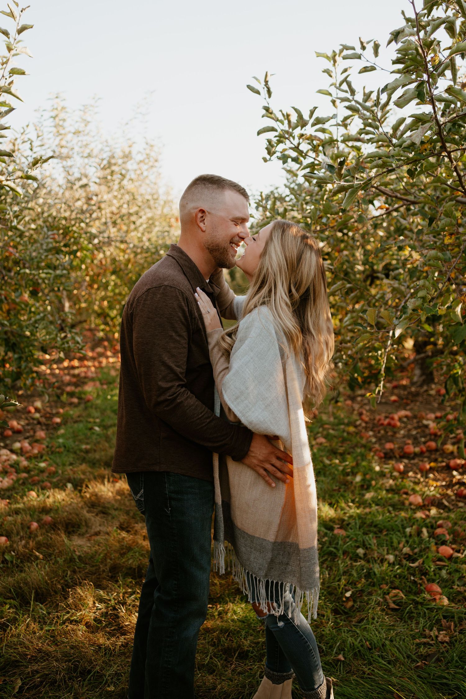 Couple shares tender moment among apple trees at sunset in orchard.