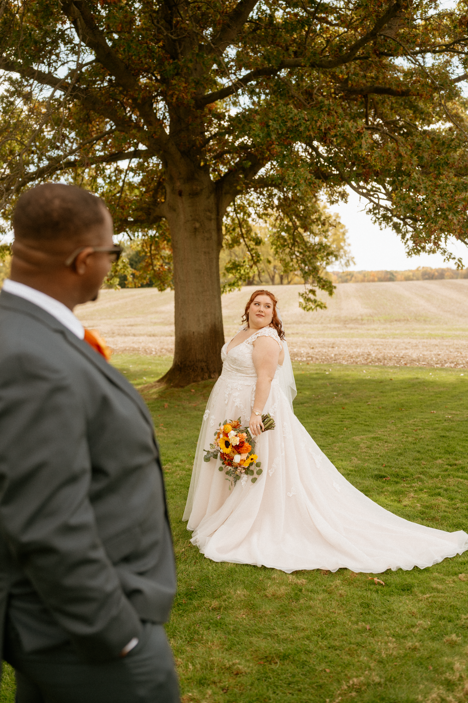 Fall wedding photoshoot sequence with a scenic countryside backdrop.