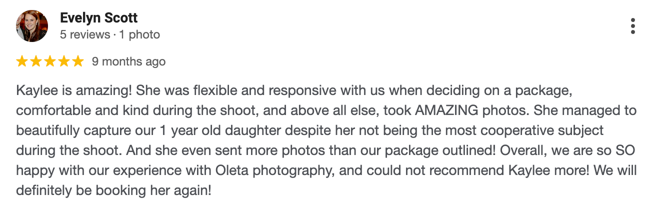 Positive review highlighting photographer's ability to work with children during photo sessions.