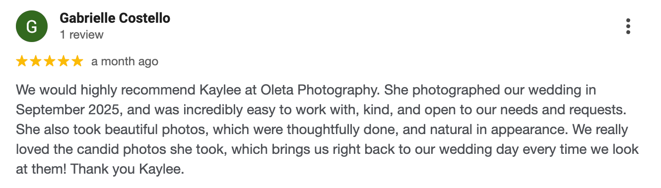 Customer review praising wedding photography services with five star rating.
