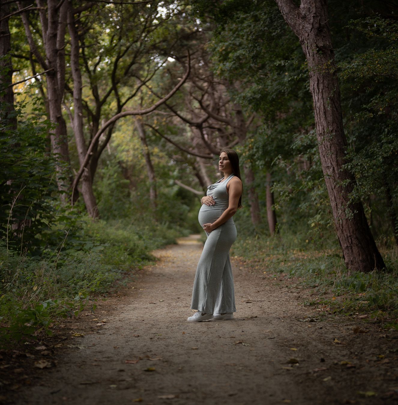 Artistic maternity photos of a person in grey dress walking along a wooded nature trail.