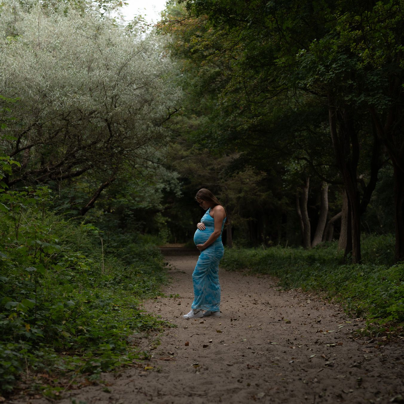 A sequence of photos showing someone in a blue dress walking along a wooded dirt path through dense forest foliage.