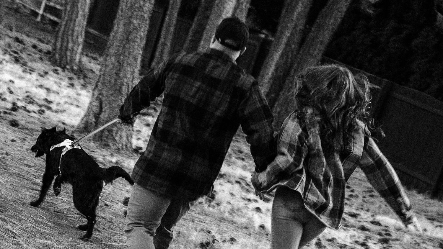 Black and white photo of a couple holding hands while walking their black dog through a snowy wooded area.