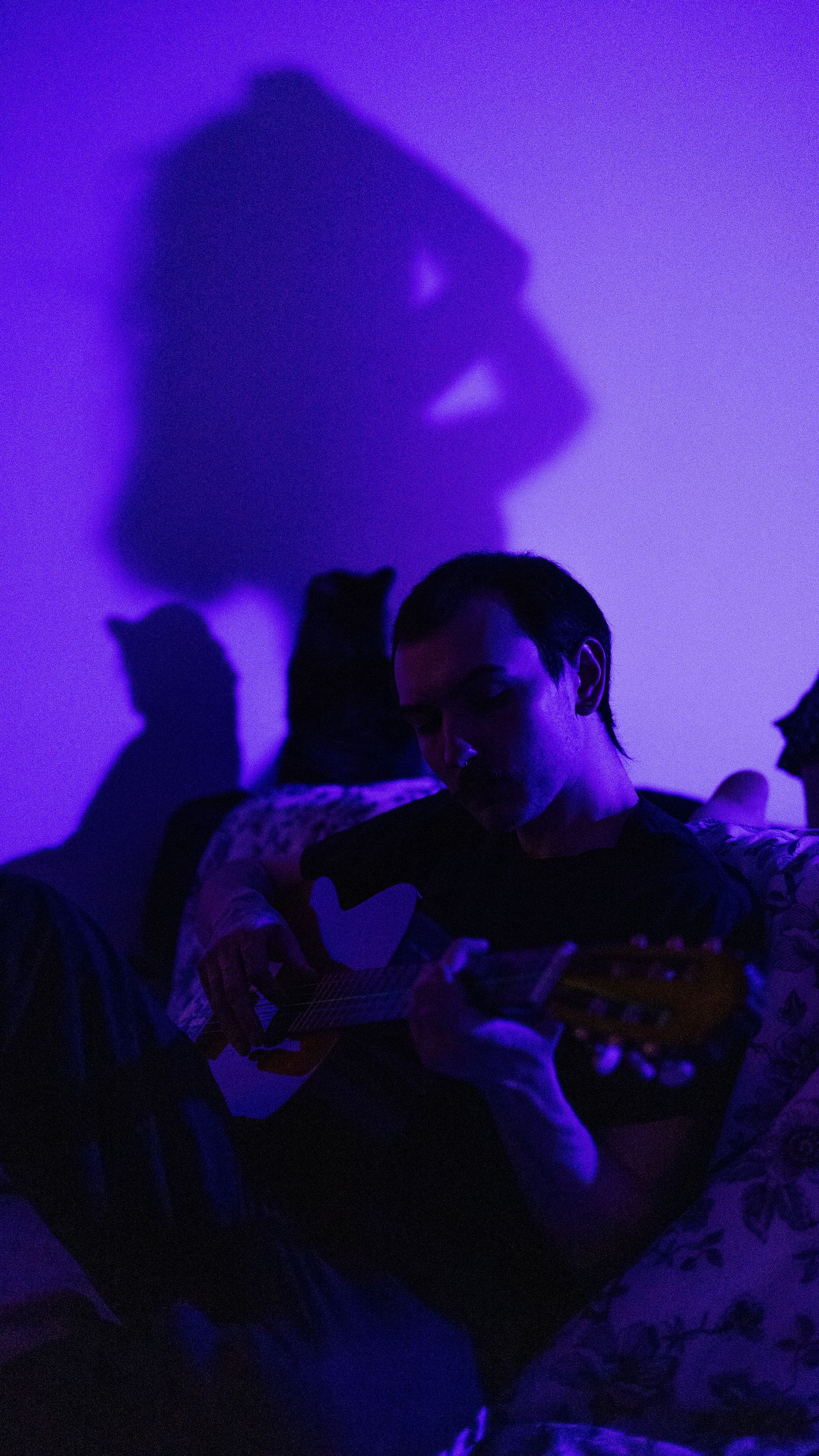 Person playing electric guitar in purple neon light with dramatic shadow on wall behind them.