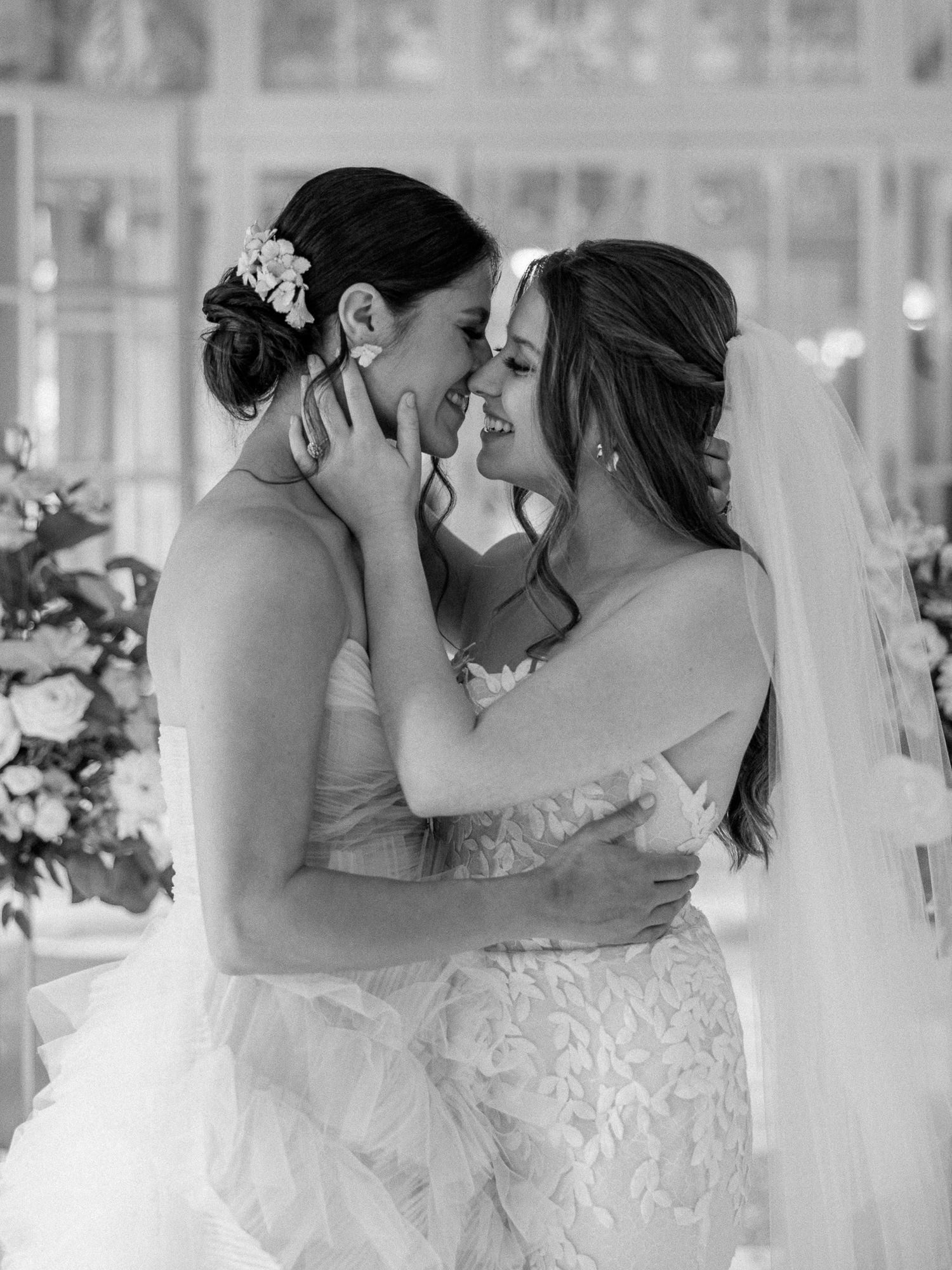 Black and white portrait of a lesbian couple during their wedding at Larz Anderson House, Washington, DC