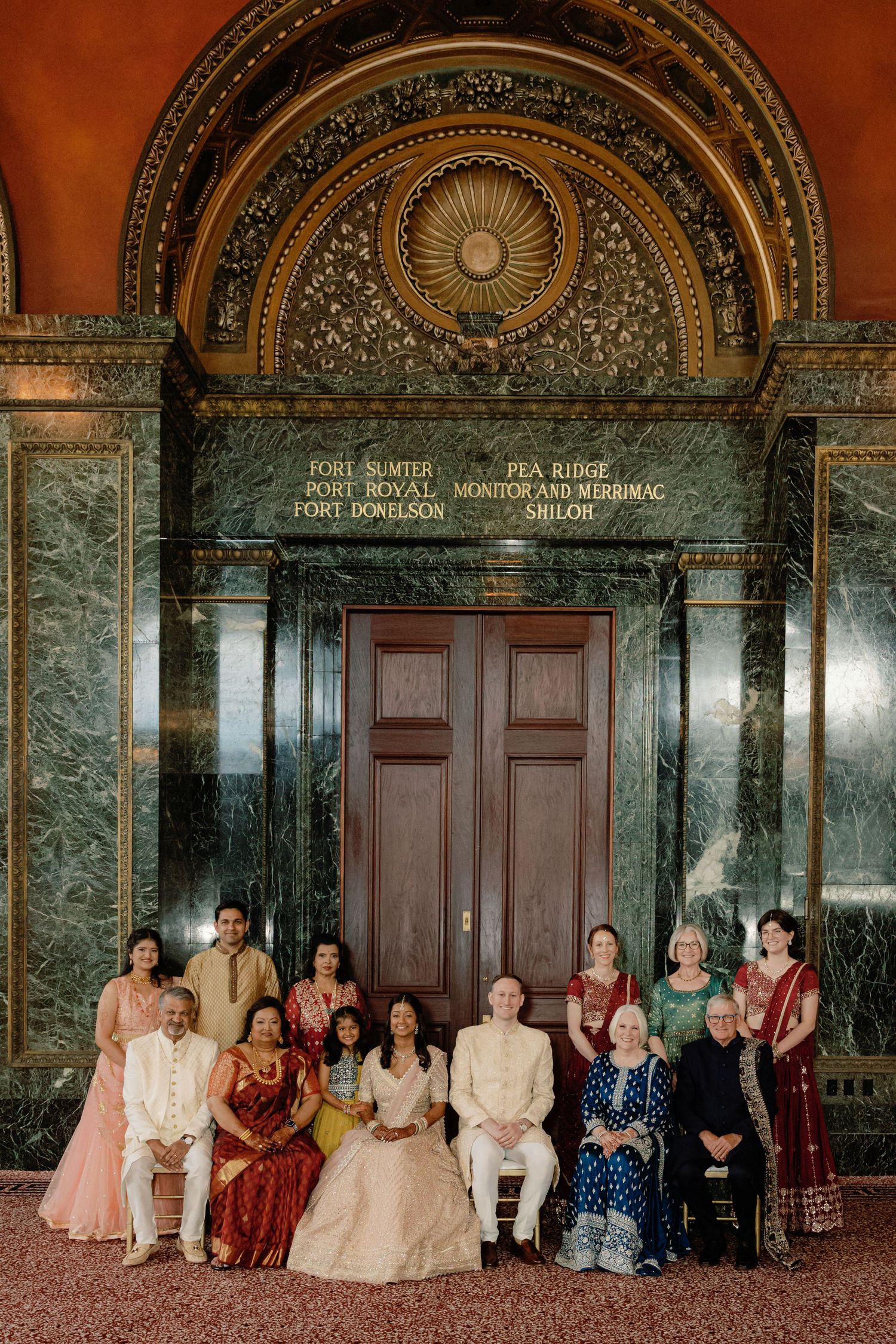 South Asian wedding formal family portrait at Chicago Cultural Center