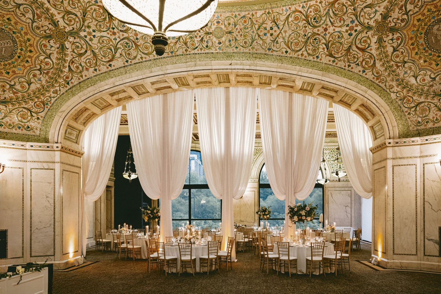 Dinner banquet decor at South Asian Indian wedding reception at Chicago Cultural Center