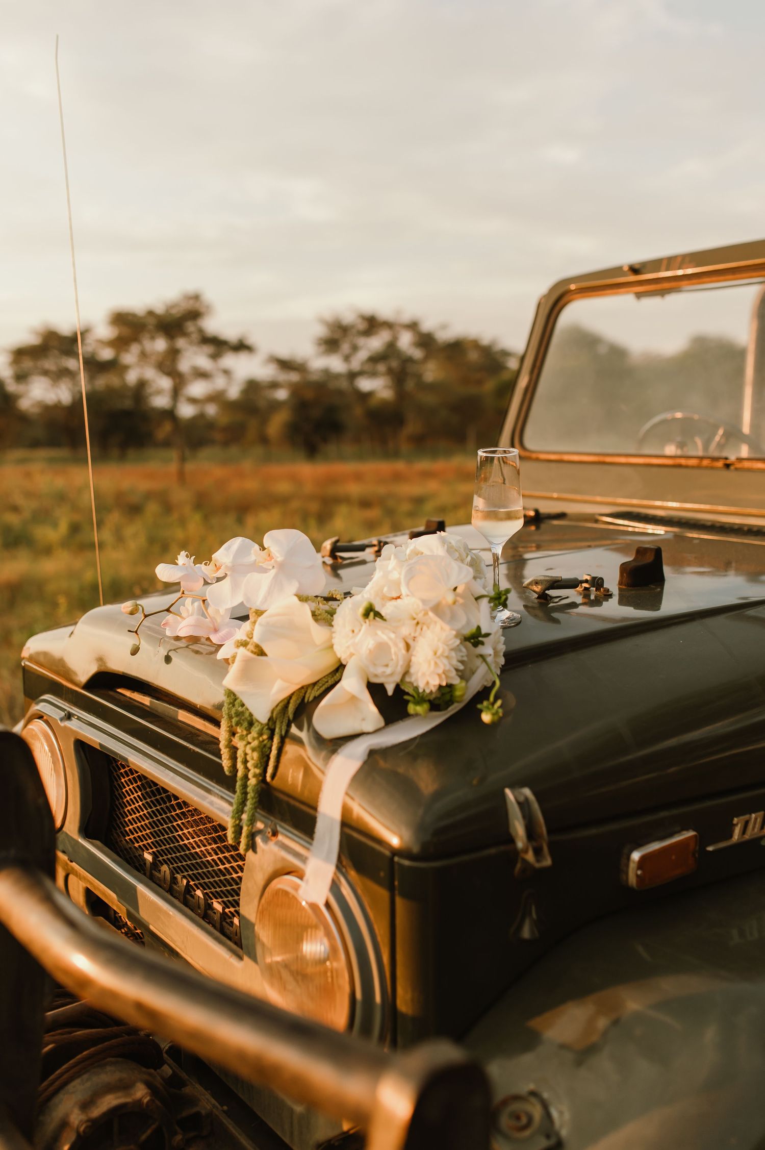 White ribbons and bows adorn the top of a vintage black typewriter in golden sunset light.
