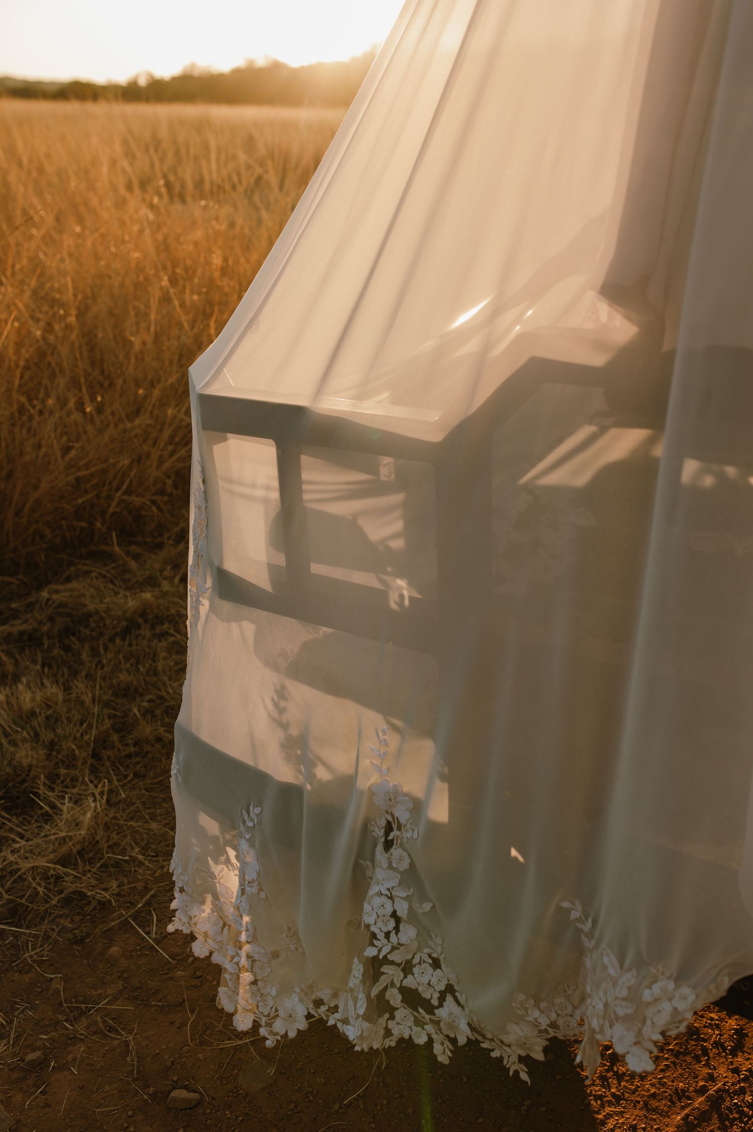 White lace wedding dress detail against golden sunlit grass in an outdoor setting.