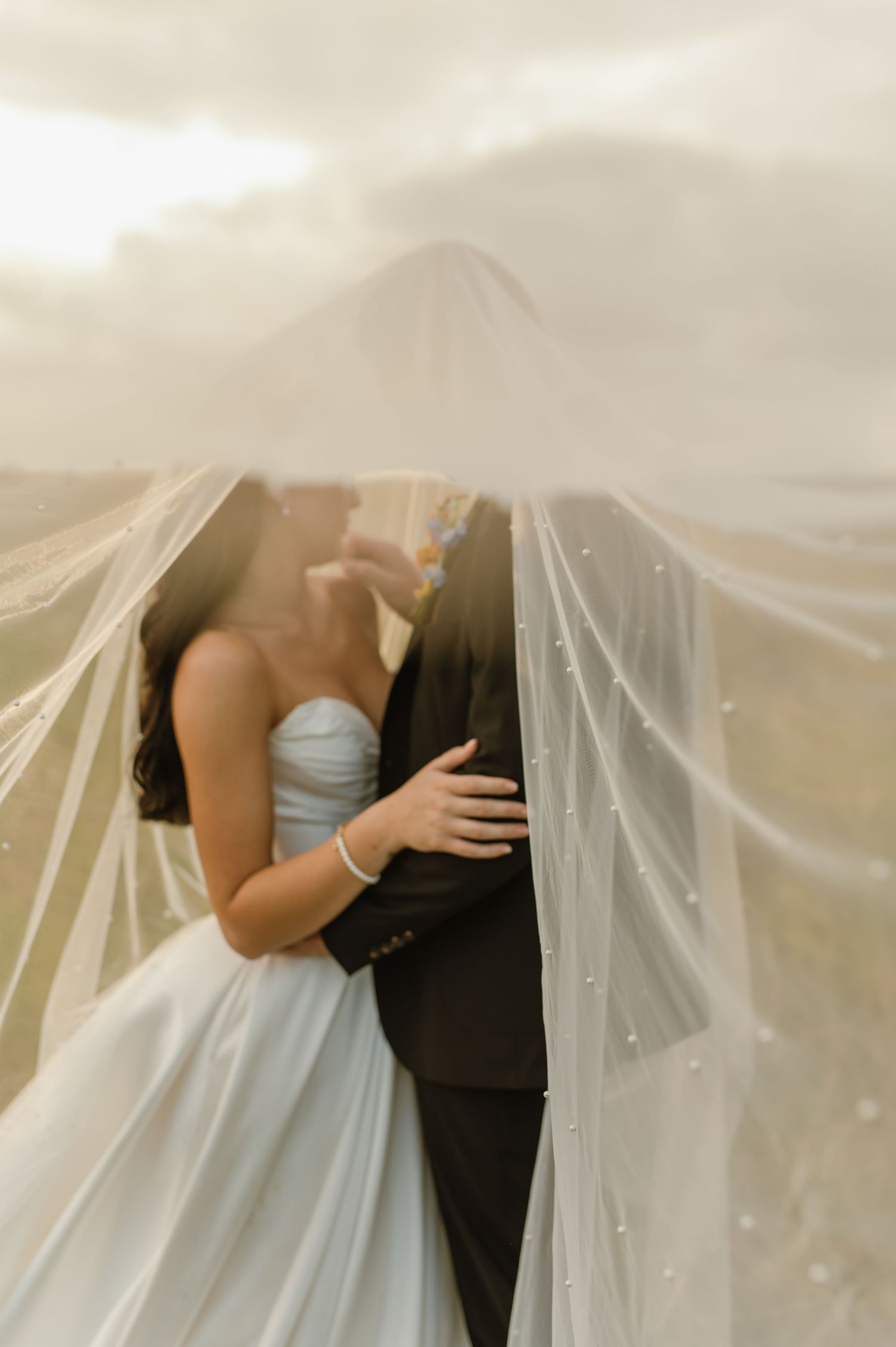 Romantic wedding couple kissing under a flowing pearl-adorned veil in a dreamy outdoor setting.