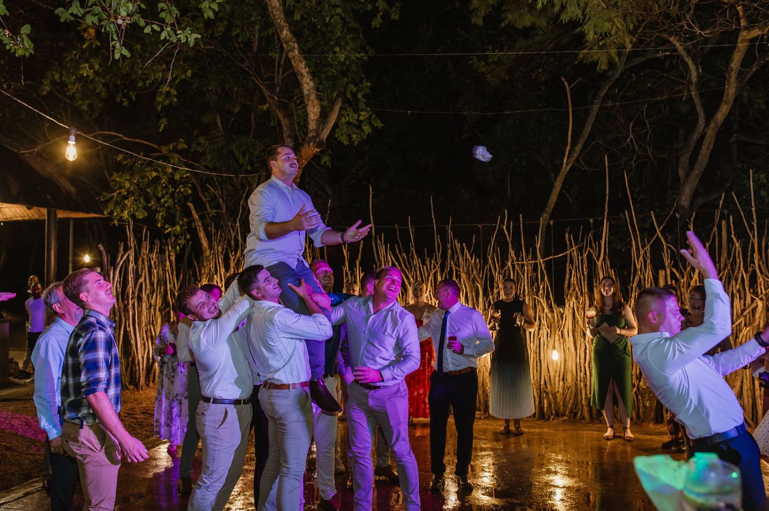 Groomsmen toss a guest into the air while celebrating at an outdoor wedding reception under string lights.