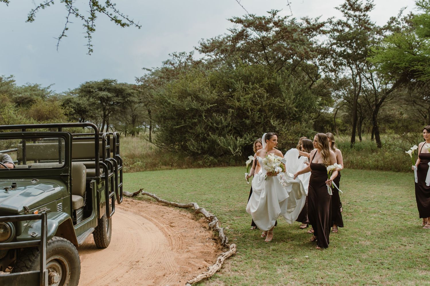 Wedding party walking through a safari-style landscape with vintage vehicles in background.