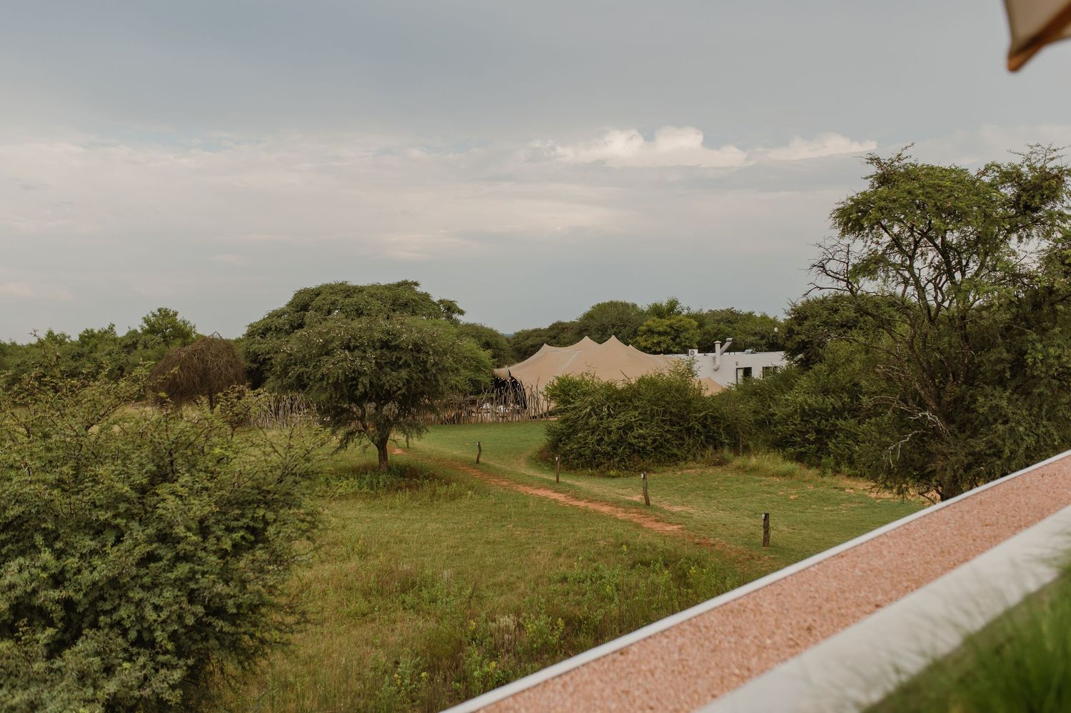 A scenic view of a grassy landscape with scattered trees and tents under a cloudy sky.