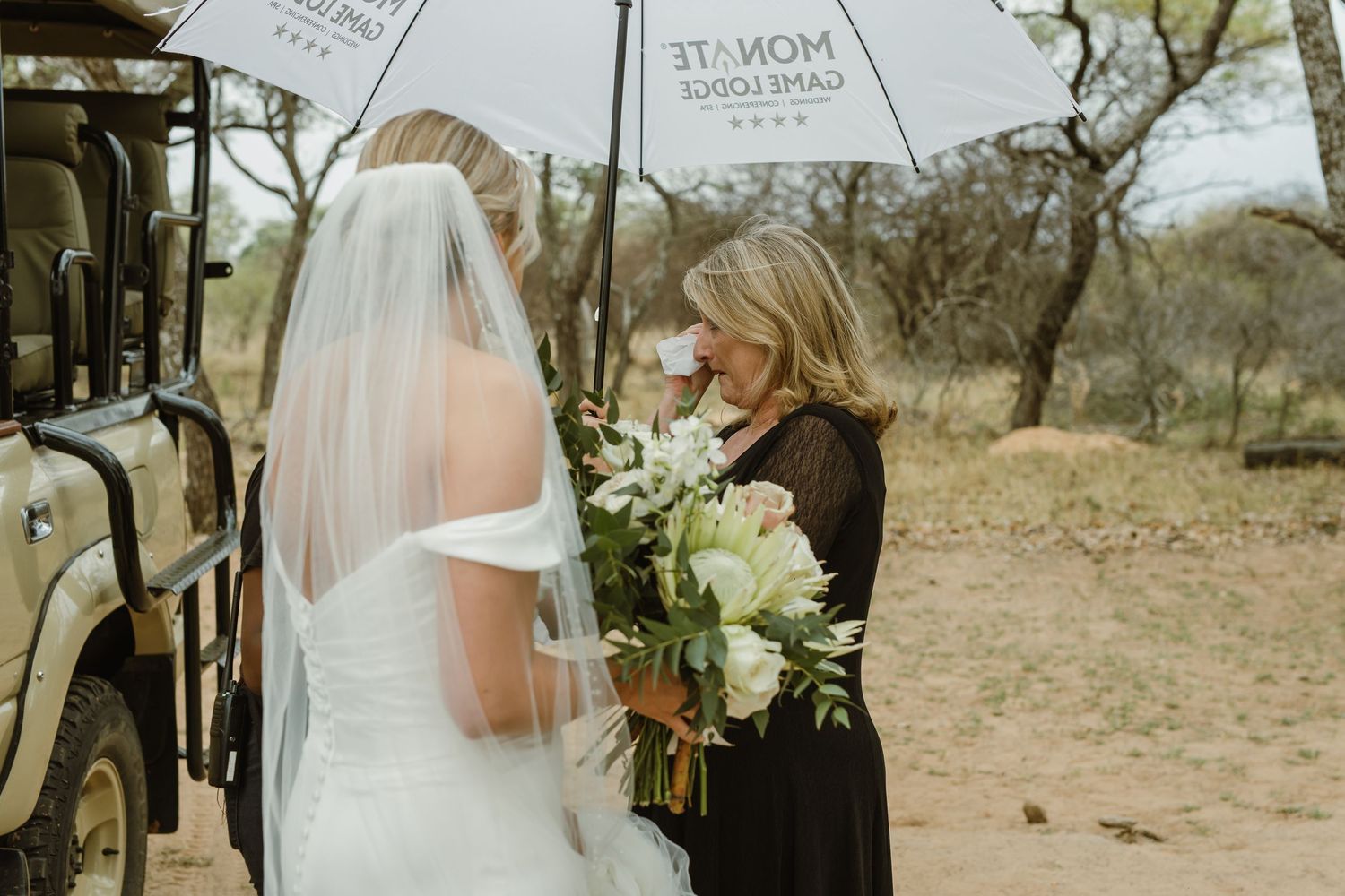 Elegant bridal party poses with white umbrellas and bouquets in a rustic outdoor setting.