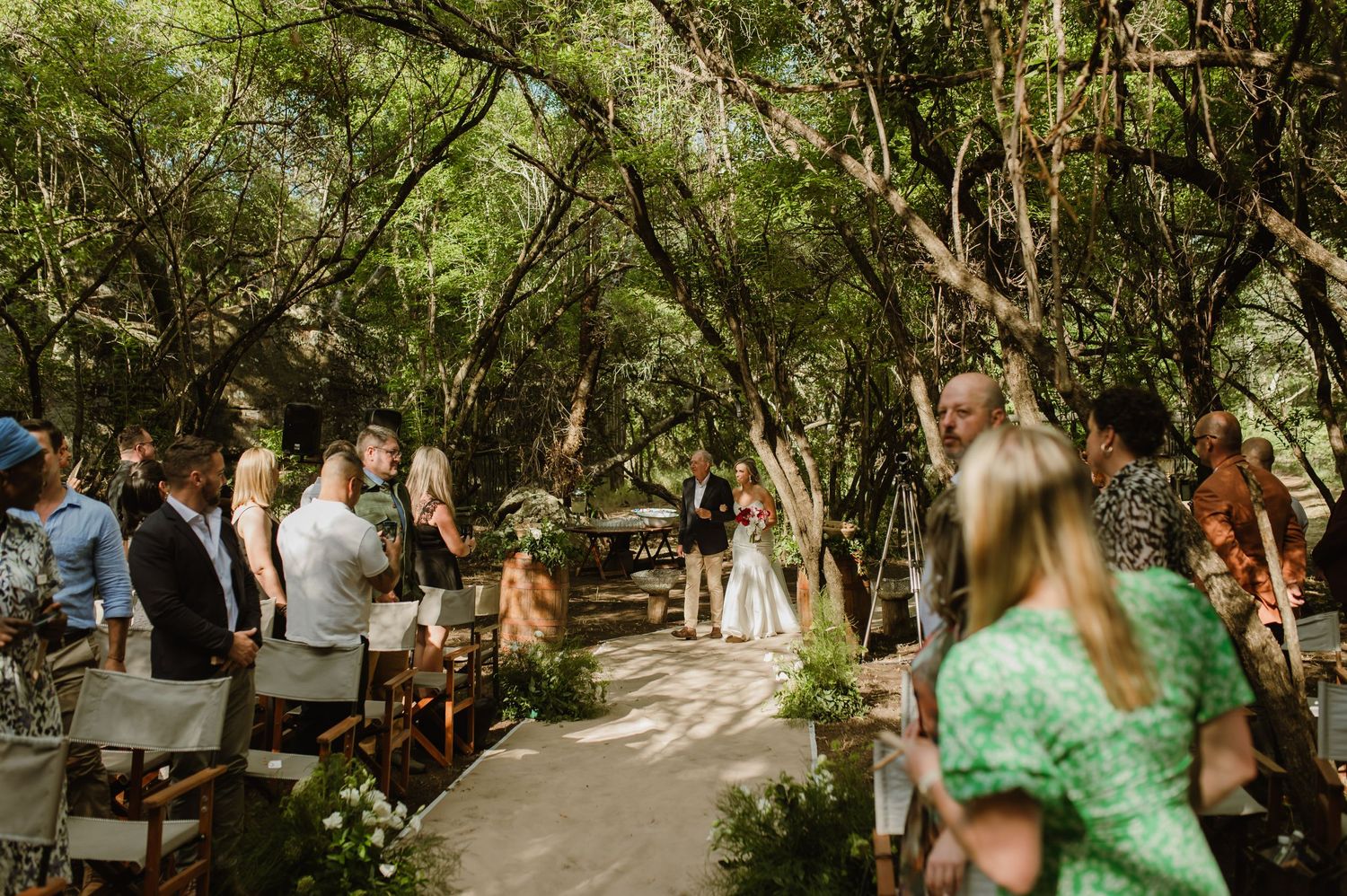 Guests mingling at an outdoor forest wedding venue with natural lighting.