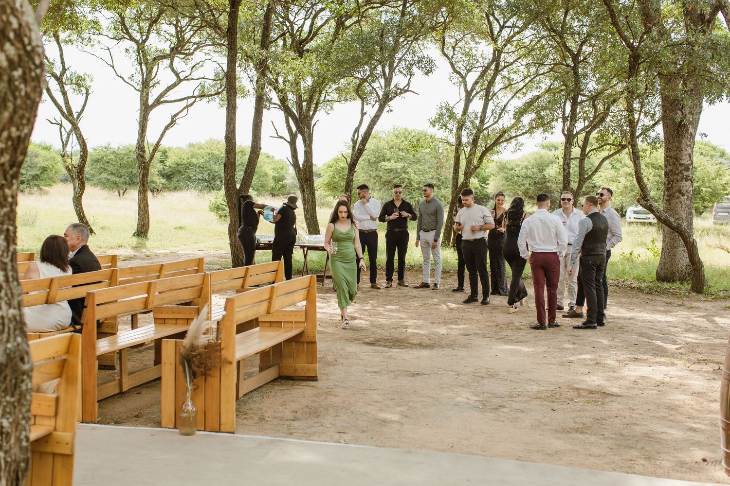 Wooden benches arranged for outdoor wedding ceremony under shady trees.