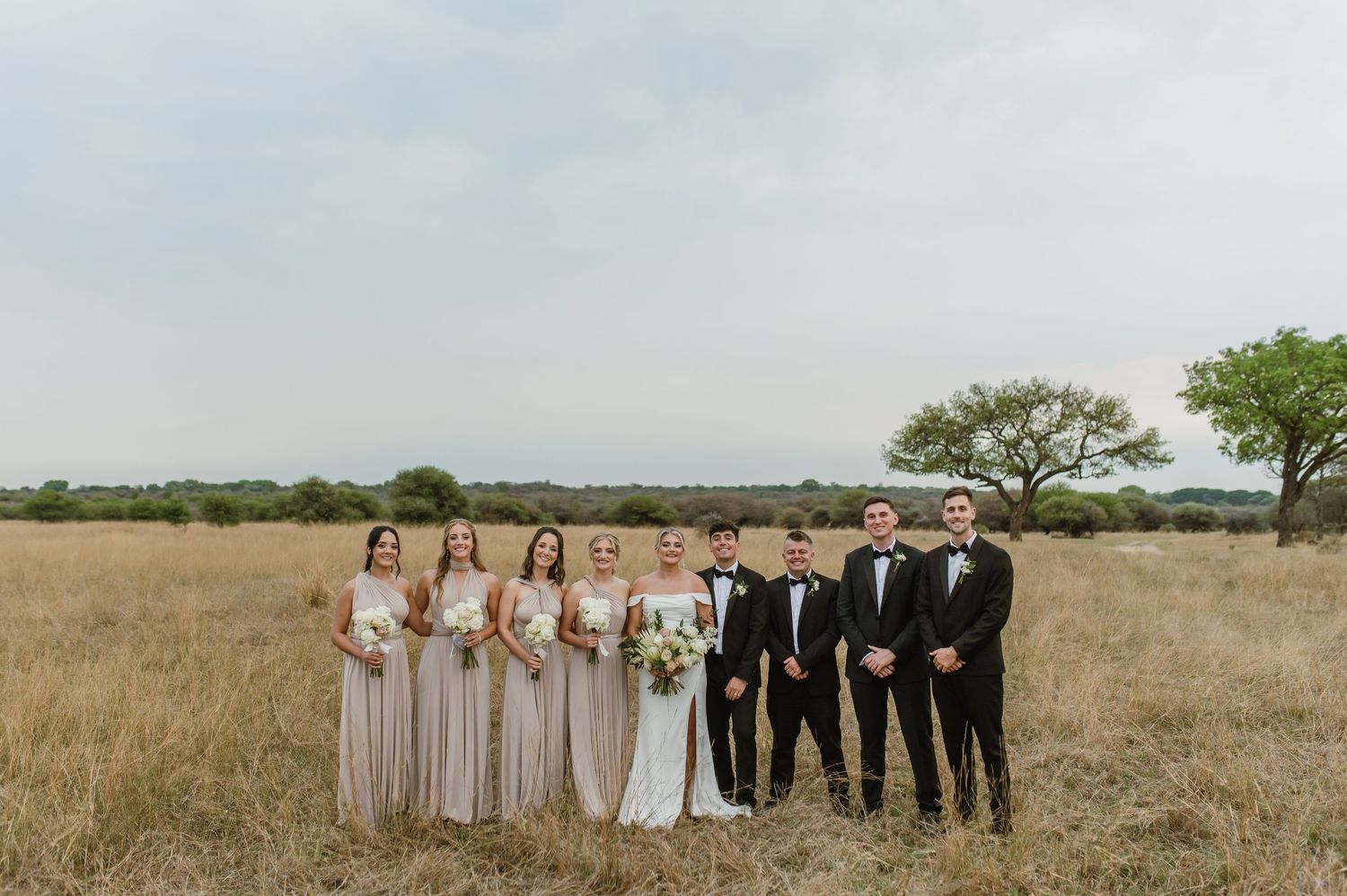 Wedding party lined up in formal attire against a rustic field backdrop.